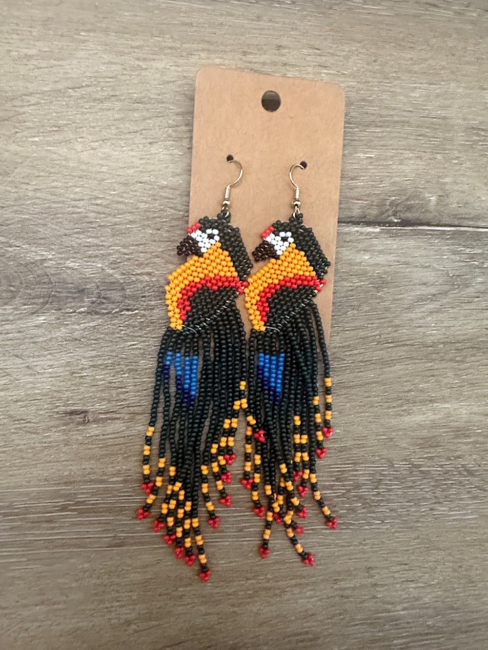 Handmade parrot beaded earrings Black, Yellow & Red Bird macaw